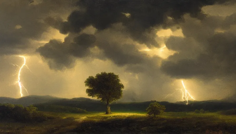 Prompt: A beautiful, highly-detailed oil painting of a lightning striking a lonely oak tree in the middle of a dark, stormy landscape