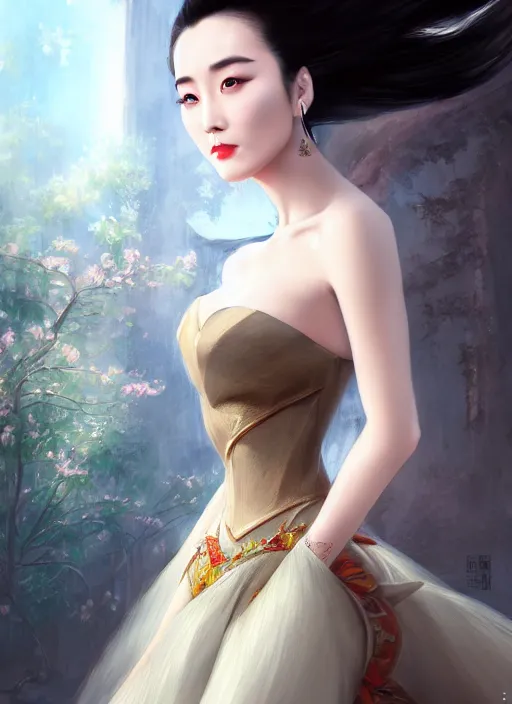 Prompt: beautiful chinese fashion goddness like fanbingbing, strapless dress, character portrait in the style of thomas river and artgerm, wlop, cinematic lighting, hyperdetailed, 8 k realistic, symmetrical, global illumination, radiant light, halo, love and mercy, frostbite 3 engine, cryengine, dof, trending on artstation, digital art, chanel