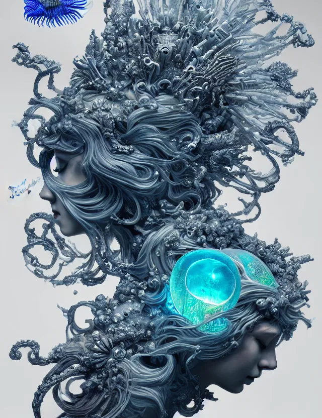 Prompt: goddess macro shouler portrait from bottom to top in crown made of ram skull. betta fish, jellyfish phoenix, bioluminiscent, plasma, ice, water, wind, creature, super intricate ornaments artwork by tooth wu and wlop and shofff and greg rutkowski