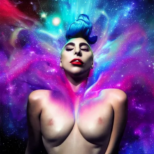 Prompt: lady gaga, lady gaga, lady gaga, galaxies and nebula flowing out of his body, artgerm, psychedelic floral planets