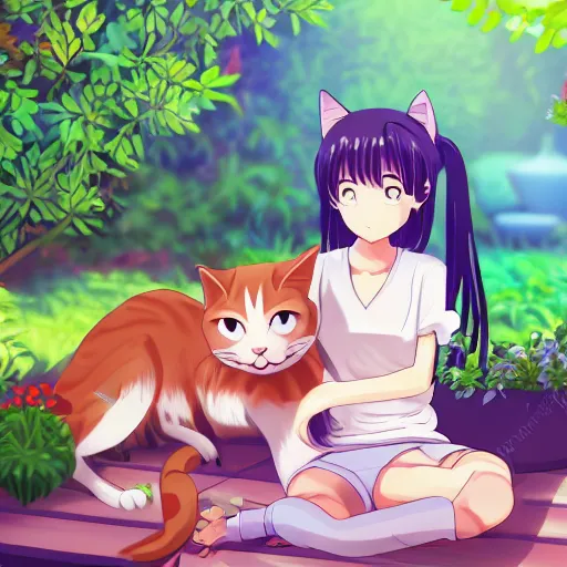 Image similar to anime girl with cat sitting in garden on hot summer, 8k, high quality,