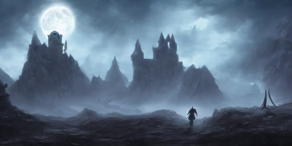 Prompt: old mage traveling a barren landscape towards a distant castle, dramatic moonlight, apocalyptic fantasy, mmo, digital art, 4 k