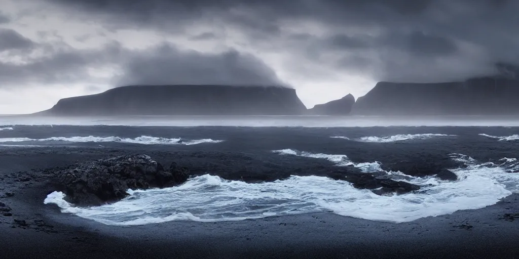 Prompt: icelandic coast. black sand. dramatic sky. cinematic. intricate. mist. low angle wide shot. highly detailed. concept art. matte painting in the style of greg rutkowski.