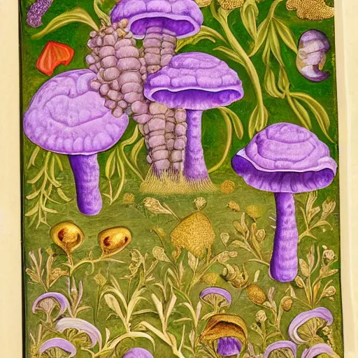 Prompt: illuminated manuscript of purple mushrooms with gold leaf in the style of Maria Sibylla Merian, extremely detailed, 8k