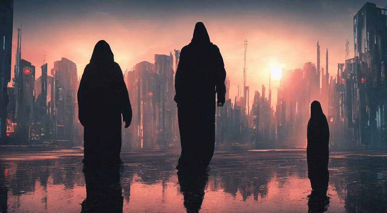 Prompt: a singular cloaked figure standing in the foreground of a cyberpunk landscape, synth, puddles, sunrise