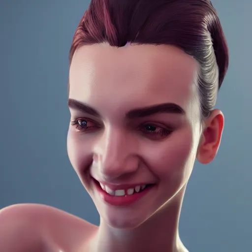 Prompt: beautiful woman, style of julia razumova, happy expression, cheery, unreal engine, octane rendering, 8 k