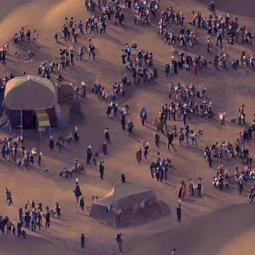 Prompt: a crowd gathering around government camp grounds in the hot desert trending on artstation digital paint 4 k render