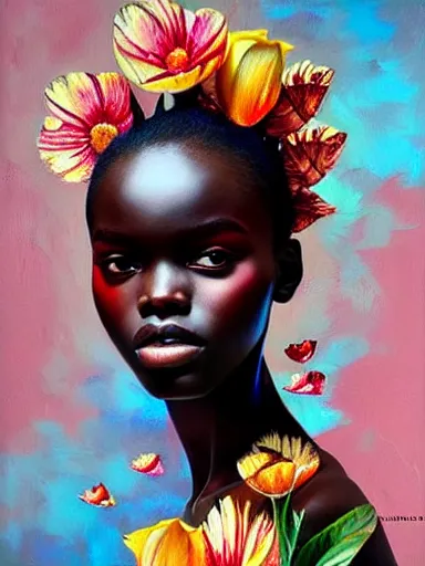 Image similar to portrait of duckie thot with a floral background : : painted by artgerm, karol bak, artur bordalo, sandra chevrier : : portrait, character, illustration, hyperrealism, photorealism,