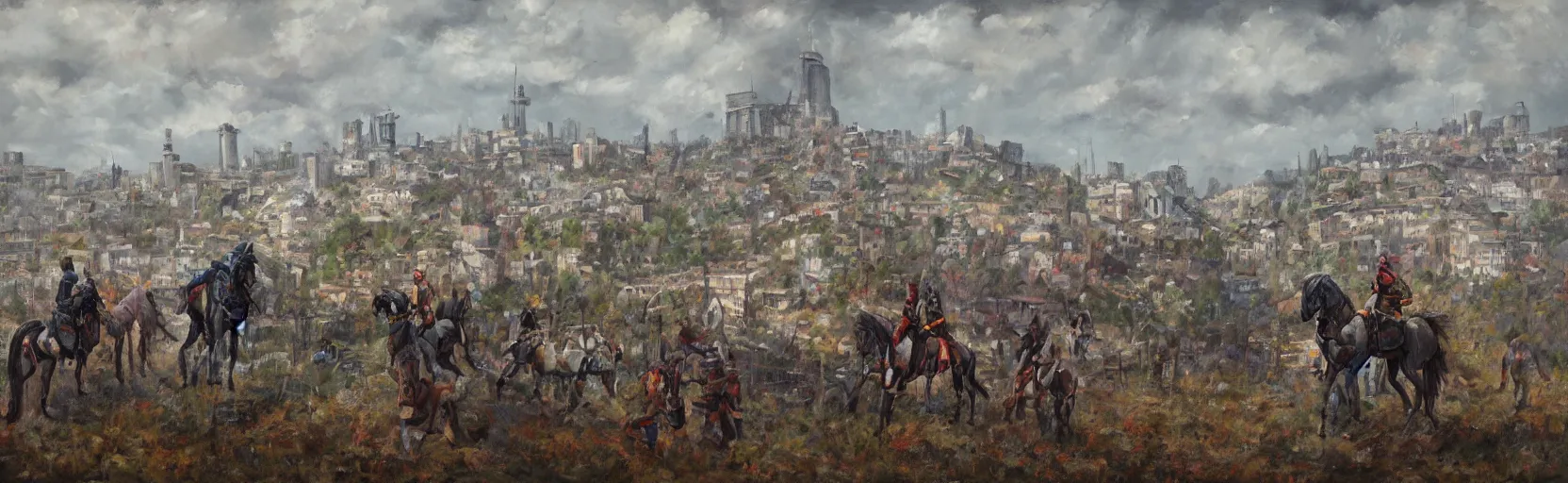 Prompt: horseback knights at scenic overlook; cloudy, grey skies, large tents foreground, walled fortress city deteriorating office buildings in background on hill; la Bastille, post apocalyptic, grungy; oil on canvas, artstation, colorful