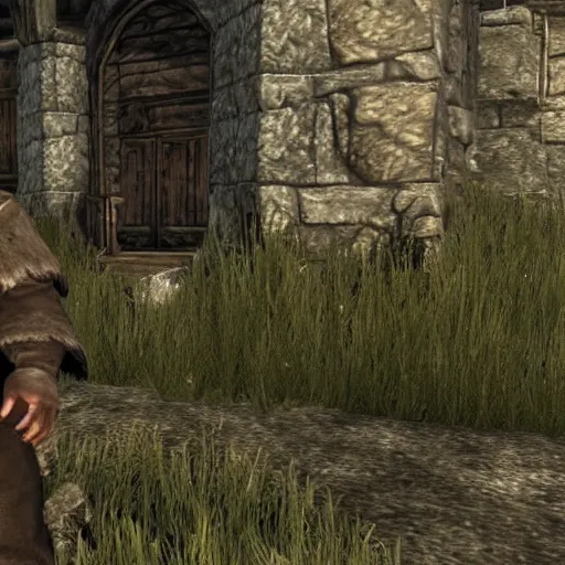 Prompt: Hagrid in the world of Skyrim in Playstation 1 graphics