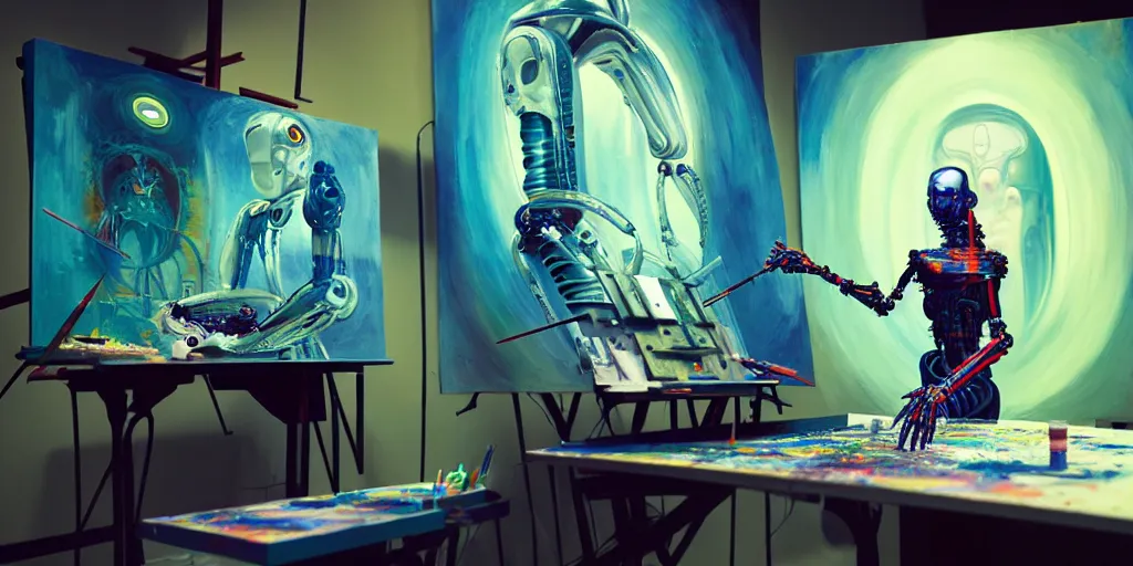 Prompt: photo of futuristic holy futuristic cyborg - robot - painter - artist creating a painting with acrylic paint and brushes in a futuristic artist studio by h. r giger, by, rich deep colors. masterpiece, intricate artwork by tooth wu and wlop and beeple, gaspar noe, james cameron,