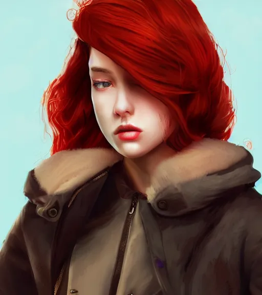 Image similar to a woman wearing a wide jacket, full body shot, red hair, highly detailed, digital painting, artstation, concept art, smooth, sharp focus, illustration