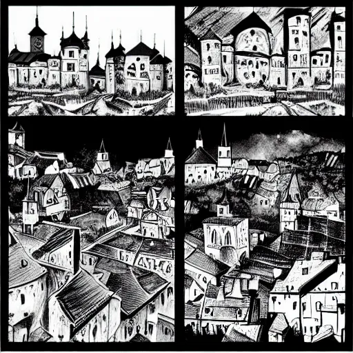 Image similar to mysterious town in medieval slovakia, comic art, black and white