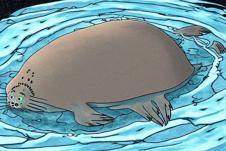 Image similar to cell shaded cartoon of a giant lovecraftian mechanized grey seal from howl's moving castle ( 2 0 0 4 ), in an icy river, full body, wide shot, very muted colors, post grunge, studio ghibli, highly detailed, deviantart, art by artgem