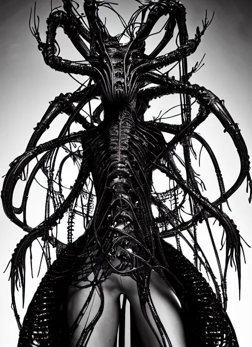 Image similar to walking down the catwalk, ben watts, show, stage, vogue photo, podium, fashion show photo, historical baroque dress dark, iris van herpen, beautiful woman, masterpiece, intricate, biopunk, vogue, full body shot, alien, plant predator, guyver, giger, wires, tubes, veins, jellyfish, white biomechanical details, highly detailed