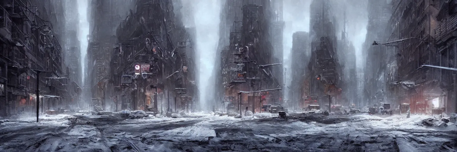 Image similar to Street in post apocalyptic Manhattan new york after a Blizzard, snow Storm, dramatic lighting, cinematic, establishing shot, extremly high detail, photo realistic, cinematic lighting, post processed, concept art, artstation, matte painting, style by eddie mendoza, raphael lacoste, alex ross