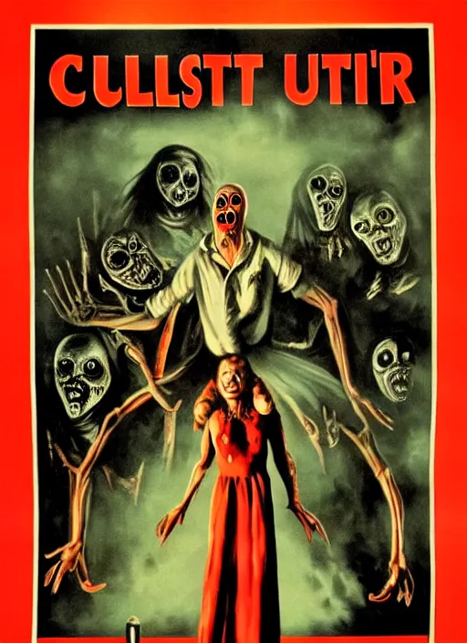 Image similar to old vintage poster for a horror movie called the cultist, detailed, horror