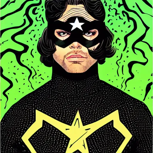 Image similar to dynamic macro full body portrait of sebastian stan super hero in a black sequined jacket by john romita sr and cory walker and ryan ottley and jack kirby and barry windsor - smith, comic, illustration, photo real