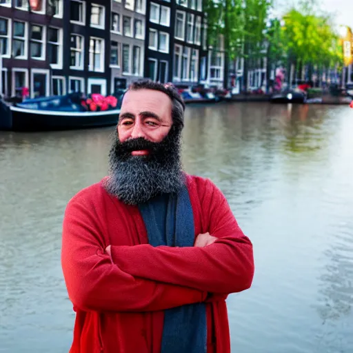 Prompt: a bearded spanish man standing at the front of a crowded canal boat in amsterdam. beautiful evening light, 5 0 mm f 5. 6