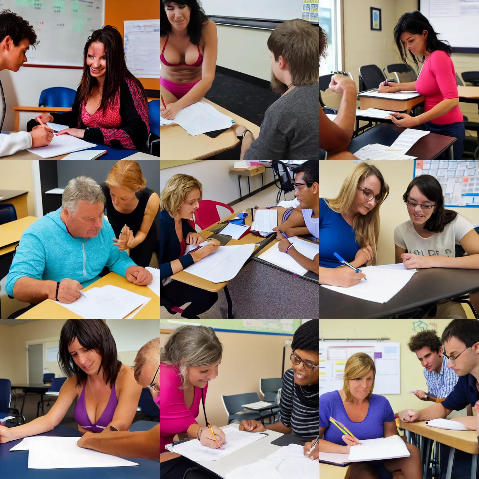 Prompt: 4 0 year woman in bikini handing an exam to an adult student in a college classroom