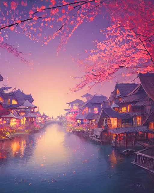 Prompt: a magical vintage village on the river | cherry - blossoms | highly detailed | very intricate | serene romantic fantasy whimsical magical | professional cinematic lighting | bokeh | dusk | studio ghibli | award - winning | matte painting by anton fadeev and paul lehr and rhads and alena aenami | pastel color palette | featured on artstation