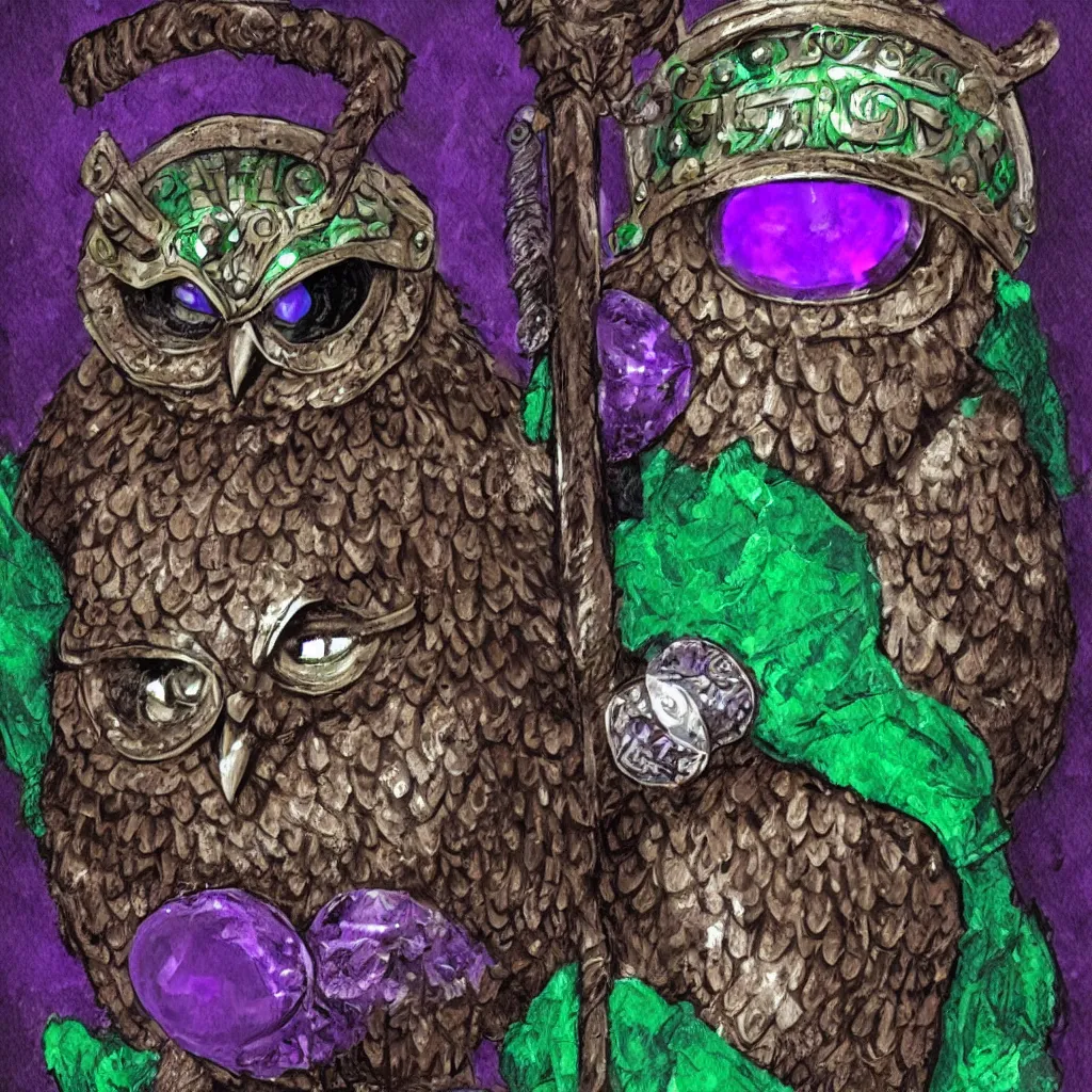 Prompt: A brown owl wearing a viking helmet adorned with a purple crystal, a silver shield and a green tunic. Commission by Juliano Vieira.