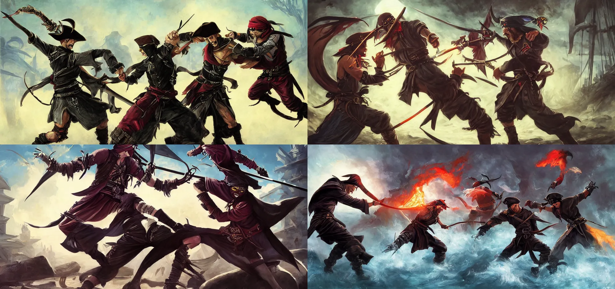 Prompt: pirate vs ninja, epic battle, mtg art, fantasy art