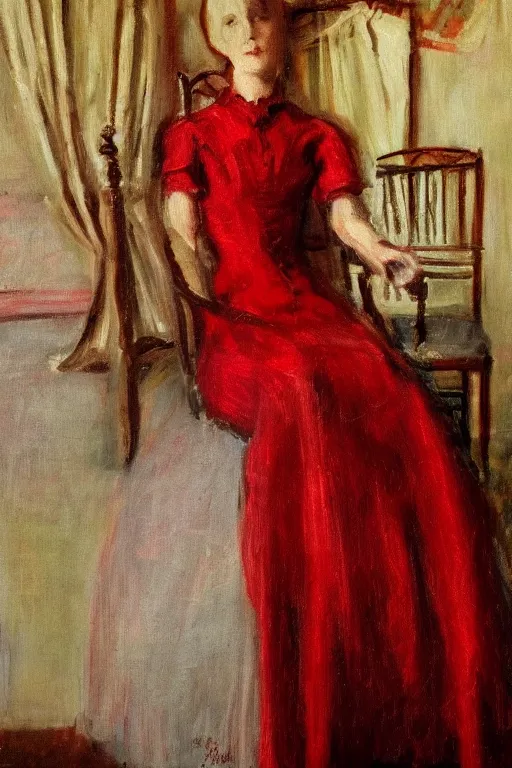 Image similar to an empty red dress laid across a chair in a dark victorian era room. in the style of american impressionism painting.