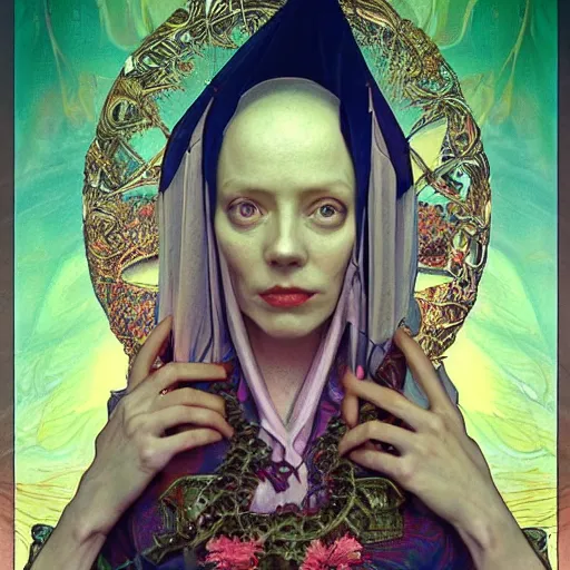 Prompt: realistic bizarre beautiful macabre portrait gothic style in style of hieronymus bosch anne stoke alphonso mucha sharp focus 8 k as a alien etherical holographic queen in an unknown planet