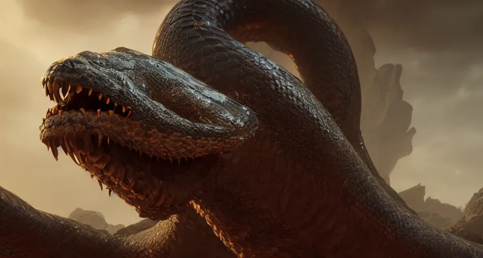 Prompt: closeup portrait of a coiled colossal monster serpent, rocky environment, dramatic lighting, cinematic, unreal engine, cgsociety, artstation, 4k