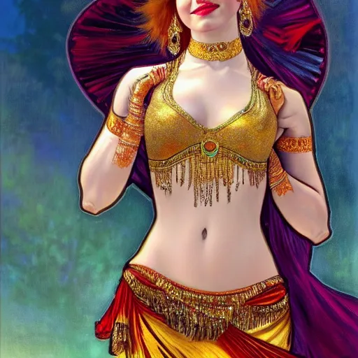 Image similar to a photorealistic portrait of emma stone dressed as a belly dancer, arabian night, high quality, fully detailed, 4 k, in focus sharp face with fine details, realistic hand details and anatomy composition, inspired by belly dancer on youtube, alphonse mucha, masterpiece, stunning