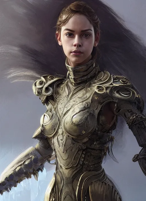 Image similar to a professional portrait of a beautiful young female, clothed in ethereal battle armor, olive skin, long dark hair, beautiful bone structure, symmetrical facial features, intricate, elegant, digital painting, concept art, smooth, sharp focus, finely detailed, illustration, from Valerian and the City of a Thousand Planets, in the style of Ruan Jia and Mandy Jurgens and Artgerm and Greg Rutkowski and William-Adolphe Bouguerea