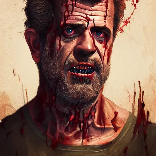 Image similar to a zombie Mel Gibson, by WLOP, horror, wounds, bloody, dark fantasy, trending on artstation