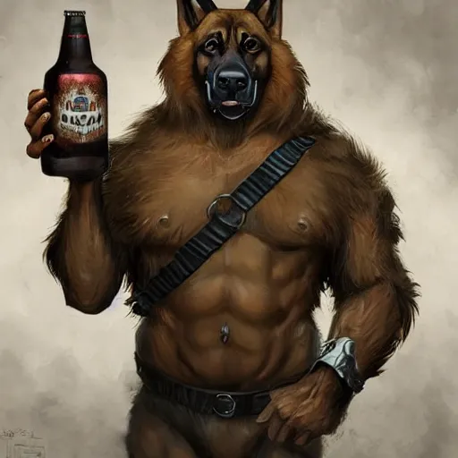 Image similar to a humanoid german shepherd beast - man in military style, holding a bottle of beer, artstation, concept art, smooth, sharp foccus ilustration, artstation