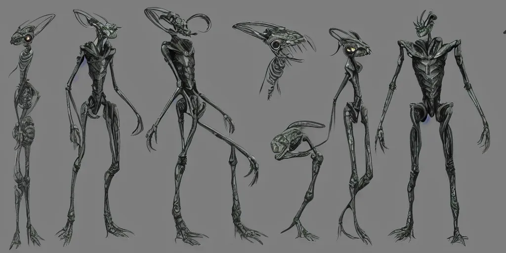 Prompt: a humanoid mantis alien creature, character design sheet, detailed concept art by fortiche, masterpiece