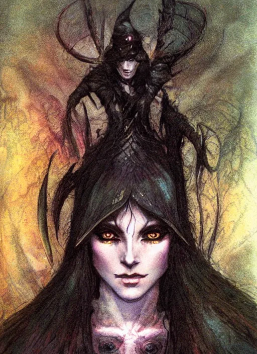 Image similar to portrait of young female sorceress of the endtimes, beautiful! coherent! dungeons and dragons character, by brian froud, strong line, cool night color, high contrast