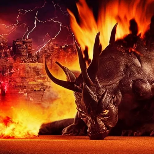 Image similar to Dark powerful creature all on fire with only one eye, destroying city, realistic photo, high detailed