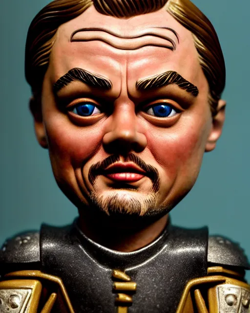 Image similar to highly detailed closeup, face profile portrait of a tin toy leonardo dicaprio as a medieval demon with horns eating cakes in a castle, hyper realistic, artstation, illustration, nicoletta ceccoli, mark ryden, lostfish, dan decarlo, bob clampett, max fleischer, digital paint, matte paint, vivid colors, detailed and intricate environment