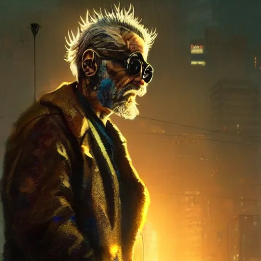 Image similar to cyberpunk, closeup portrait of a shaggy old cyberpunk broker, bald, tired eyes, tattered tweed jacket, dramatic light, city background, sunset, dystopian setting, high contrast, sharp, neuromancer, the finn, painted by stanley lau, painted by greg rutkowski, painted by stanley artgerm, digital art, trending on artstation