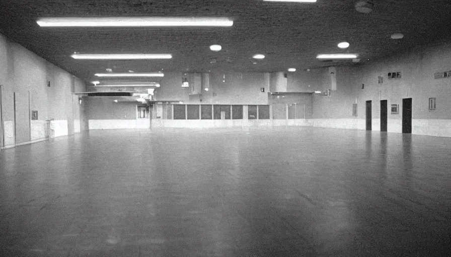 Image similar to 60s movie still of a sovietic stalinist style empty hall with showers, cinestill 800t 50mm eastmancolor, liminal Space style, heavy grain-s 150