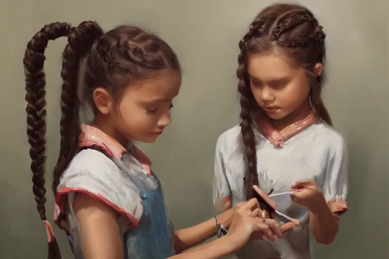 Prompt: a little girl with braided hair learns how to paint, on an empty canvas, in her art room, trending on artstation, matte finish, volumetric lighting