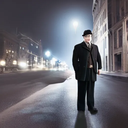 Image similar to an brown haired man with a squarish chin wearing a 1 9 4 0's noire detective outfit, standing in the streets of chicago at night, photography 4 k, octane render, highly realistic photograph