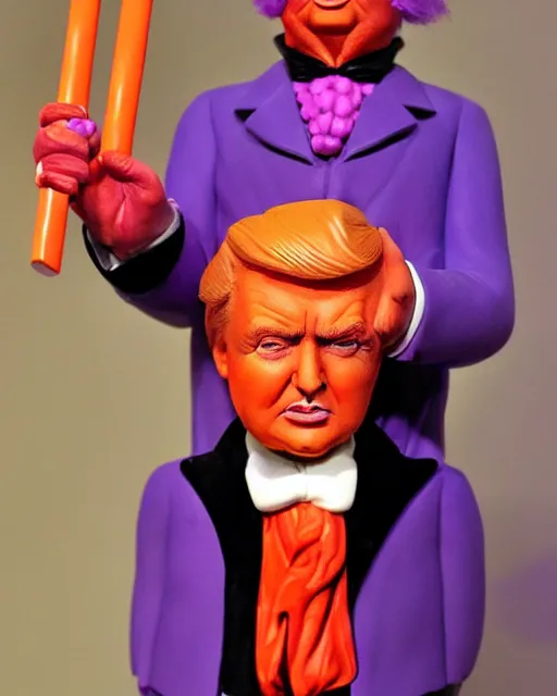 Image similar to wide angle photo of a maquette sculpture of donald trump as willy wonka, he is wearing a victorian era purple jacket and pants, and a velvet purple top hat over his long orange hair. he is holding a candy cane colored cane. his skin is an orange color like an oompa loompa. in the style of sideshow collectibles, highly detailed sculpture