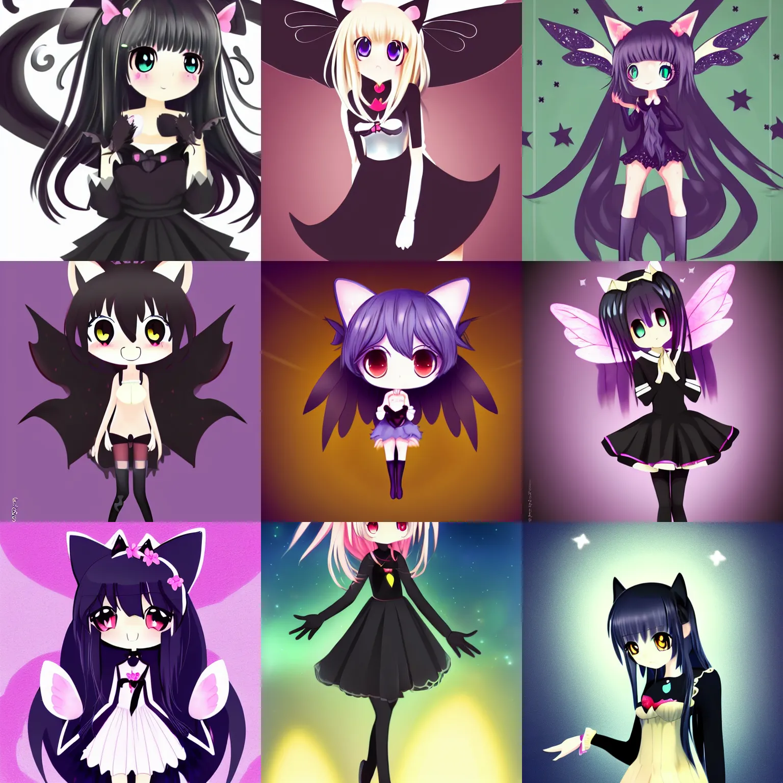 Image similar to cute, full body, female, anime style, a salem black cat girl with fairy wings, large eyes, beautiful lighting, sharp focus, simple background, creative