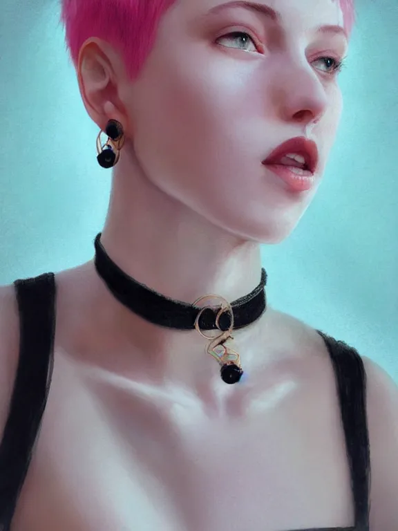 Image similar to beautiful russian girl with short pink hair and nose piercing, wearing airpods, a black choker, thin round earrings, winds of winter, au naturel, hyper detailed, digital art, trending in artstation, cinematic lighting, studio quality, smooth render, octane rendered, concept art, sharp focus, illustration, art by artgerm and greg rutkowski and wlop