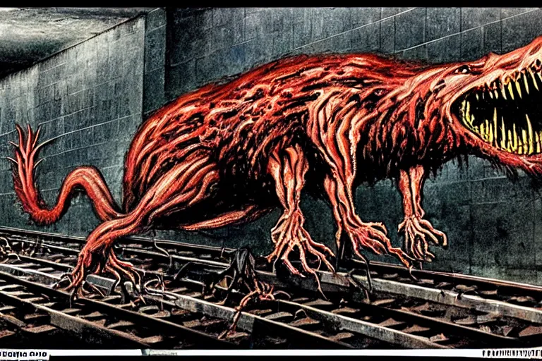 Image similar to very large giant mutant zombie irradiated ( angry rat ) staying on railways in tonnel of moscow subway. tonnel, railways, giant angry rat, furr, fangs, very realistic. extreme long shot, rusty colors, ( herman nitsch, giger )