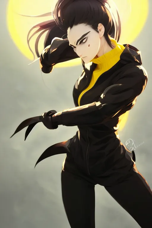 Prompt: black ponytail hair, pale woman in a black zipper jacket, yellow eyes, by artgerm, hair tied in a ponytail, white backdrop, soft lighting, fighting pose, dynamic angle, by greg rutkowski makoto shinkai takashi takeuchi