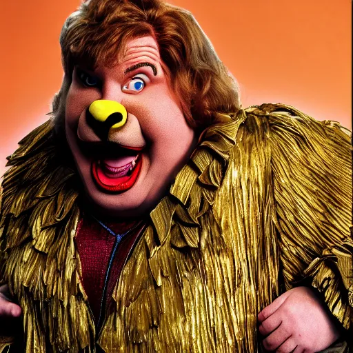 Image similar to snl chris farley as the cowardly lion of oz, studio poster photography, trending on artstation, featured on deviantart, award winning costume