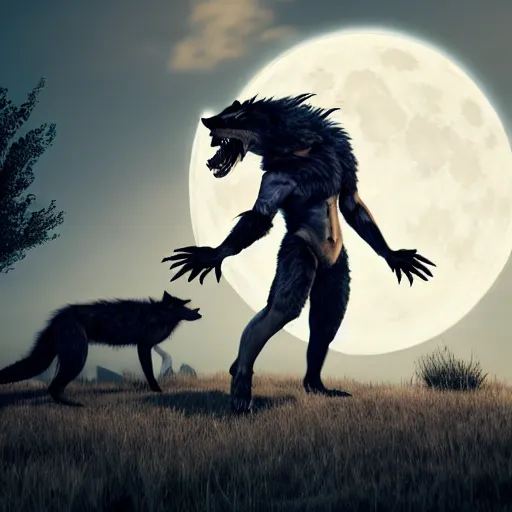 Image similar to young man transforming into a feral werewolf with a tail under the moon with black soft realistic fur, ultra detail, unreal engine, 8 k, ssao