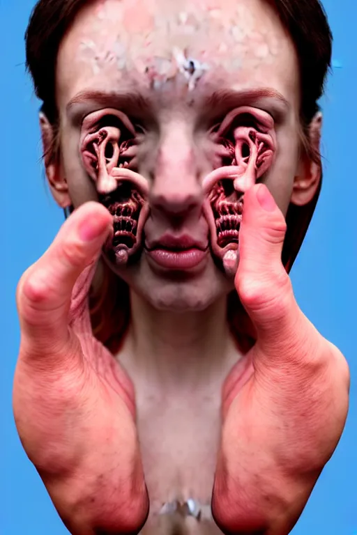 Image similar to disturbingly realistic photograph of hands attached to mouths attached to ears attached to eyes, body horror, accurate anatomy, a study on anatomy